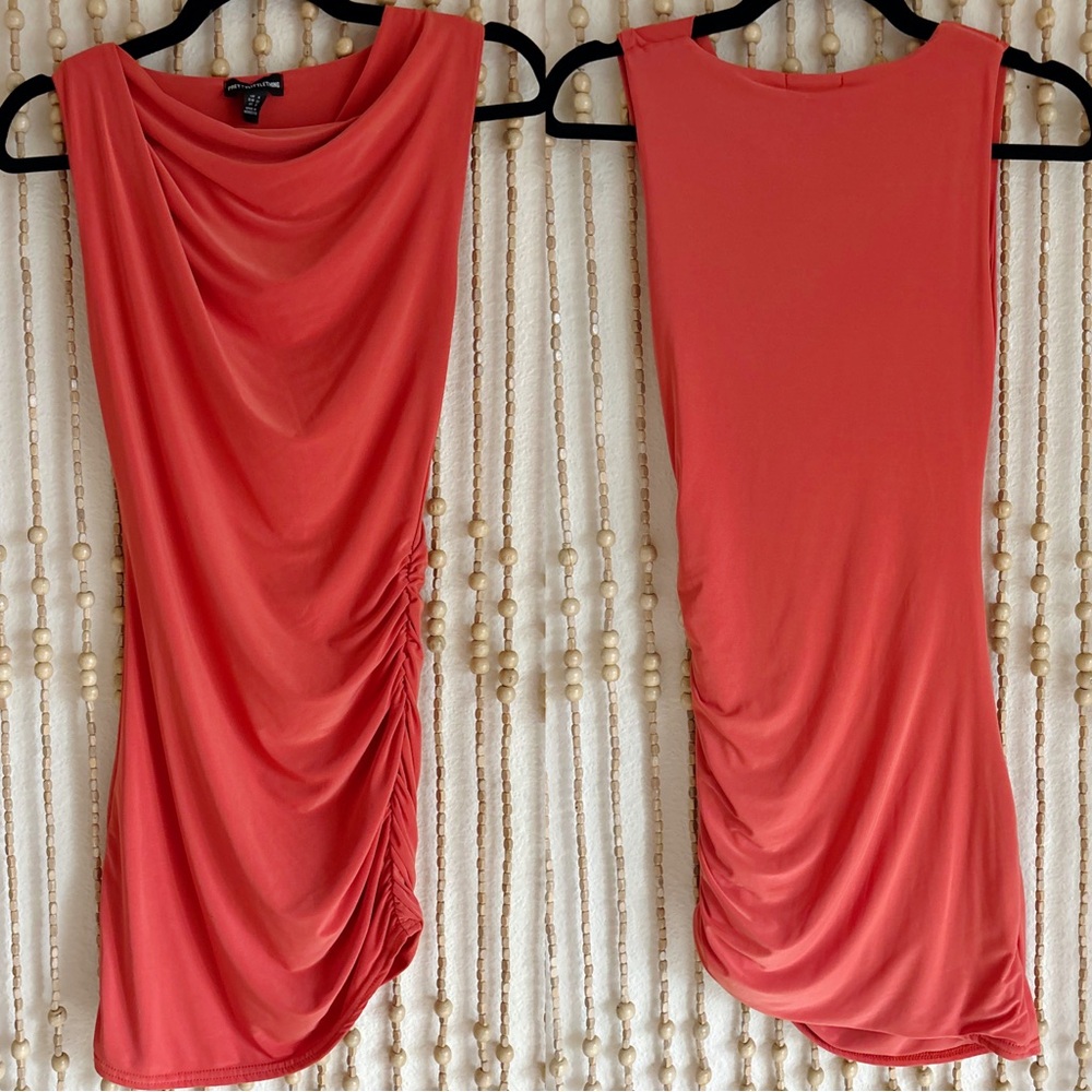 Coral Orange Silky Draped Cowl Neck Sleeveless Mini Form Fitting Dress XS